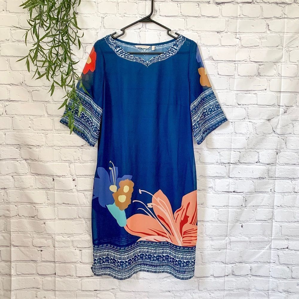 Soft Surroundings hibiscus dress‎ navy floral sheer size small
